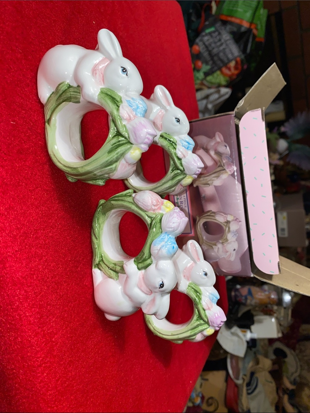 Vintage Mervy ‘s Pastel Bunny Napkin Ring Set Of 4 - Pink, Green, Blue